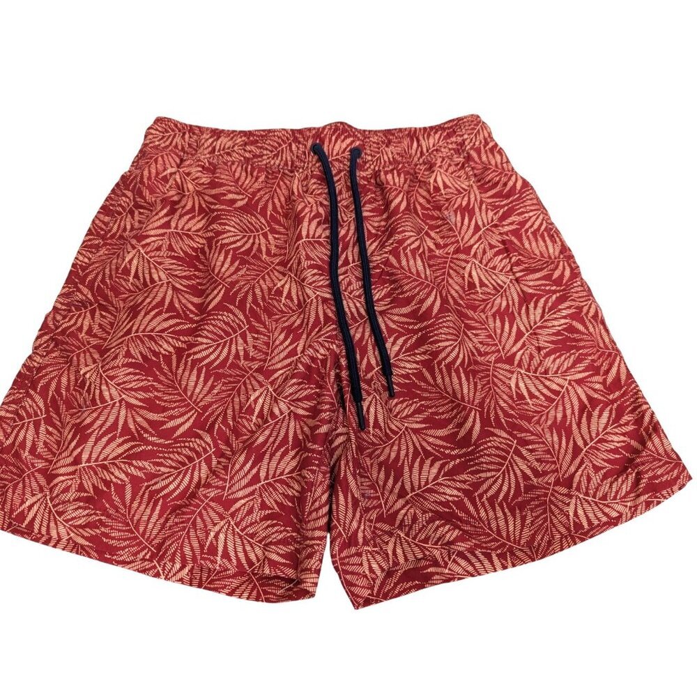 Amazon Essentials Men size M Swim Trunks Red Tropical Elastic Waist Pockets Fun